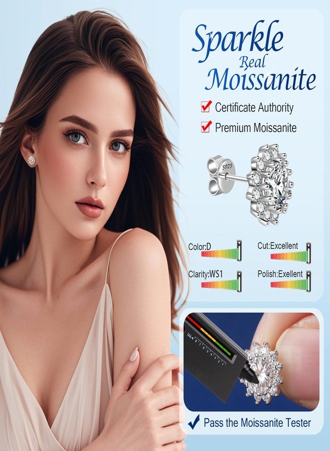 SecreTalk 1-4CT Moissanite Stud Earrings, Sunflower D Color Ideal Cut 925 Sterling Silver Earrings for Women with Certificate of Authenticity (White Gold Plated, 2cttw pair/ 1ct each) - Image 2